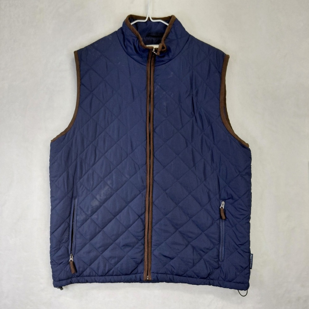 Field & Stream Mens Quilted Vest Navy Blue Brown Trim Diamond Stitch Full Zip L